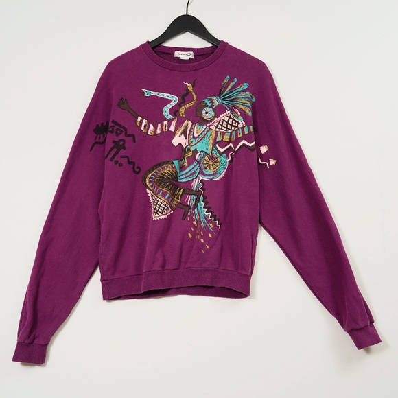 Kansai Yamamoto O2 Sweatshirt Purple Tribal African Art Print Japan Vintage Rare - Picture 1 of 8